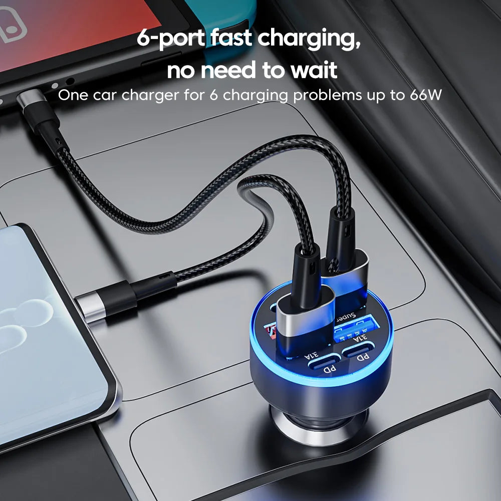 100W 6 Ports Car Charger Fast Charging 4USB 2PD Type C Car Phone Charger Adapter For iPhone Samsung Huawei Xiaomi Phone in Car