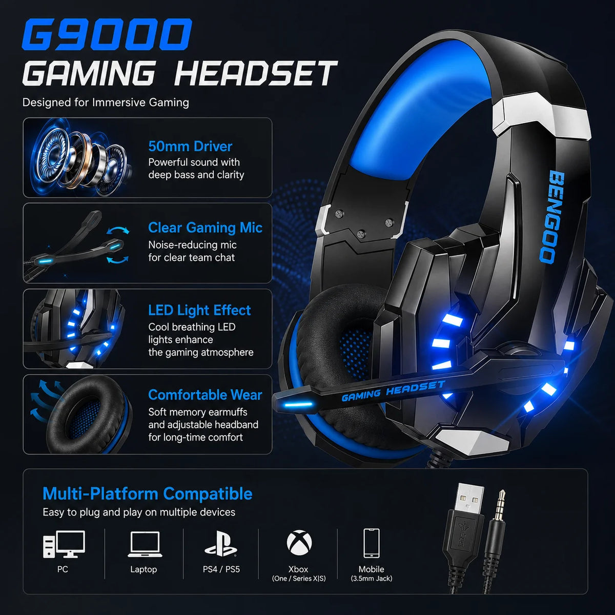 Gaming Headset Wired Headphones with Microphone Over Ear Stereo Bass LED Light Gamer Earphones for PC PS4 PS5 Xbox G9000