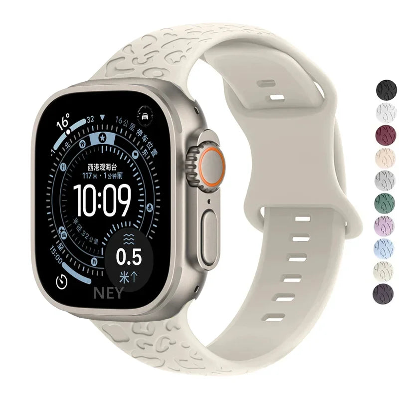 Engraved Strap For Apple Watch Band ultra 49mm 41mm-44-42mm 46mm Sport Silicone Leopard bracelet iWatch Series 11 10 9 8 7 se 6