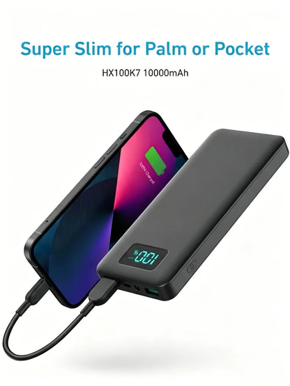 12W PD Charge Powerbank 10000mAh Thin Portable Charger Type C USB C External Battery Backup Power Supply with LED Display for Travel Camping Fits iPhone 17 16 15 14 Plus Pro Max Samsung Galaxy S26 S25 Ultra S24 Google Pixel 9