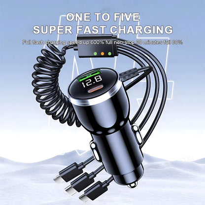 230W Car Charger PD QC 3.0 Fast Charging 3‑in‑1 Coiled Cable L-Port Type‑C Micro USB Dual Port Car Phone Charger with LED Displa