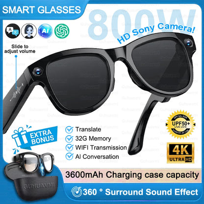 Next-Gen AI Smart Glasses 4K HD Video Recording 120+ Languages Translation 3600mAh Charging Case Bluetooth Call Music Sunglasses