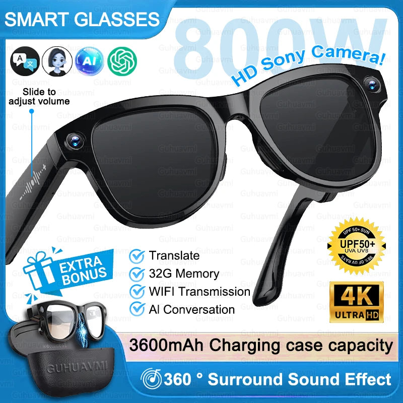 Next-Gen AI Smart Glasses 4K HD Video Recording 120+ Languages Translation 3600mAh Charging Case Bluetooth Call Music Sunglasses