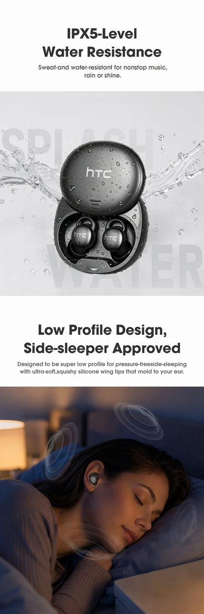 HTC Sleep Earbuds Wireless Bluetooth Earphones Side Sleeper Comfort Noise Cancelling Block Snoring Ultra-Lightweight Headphones