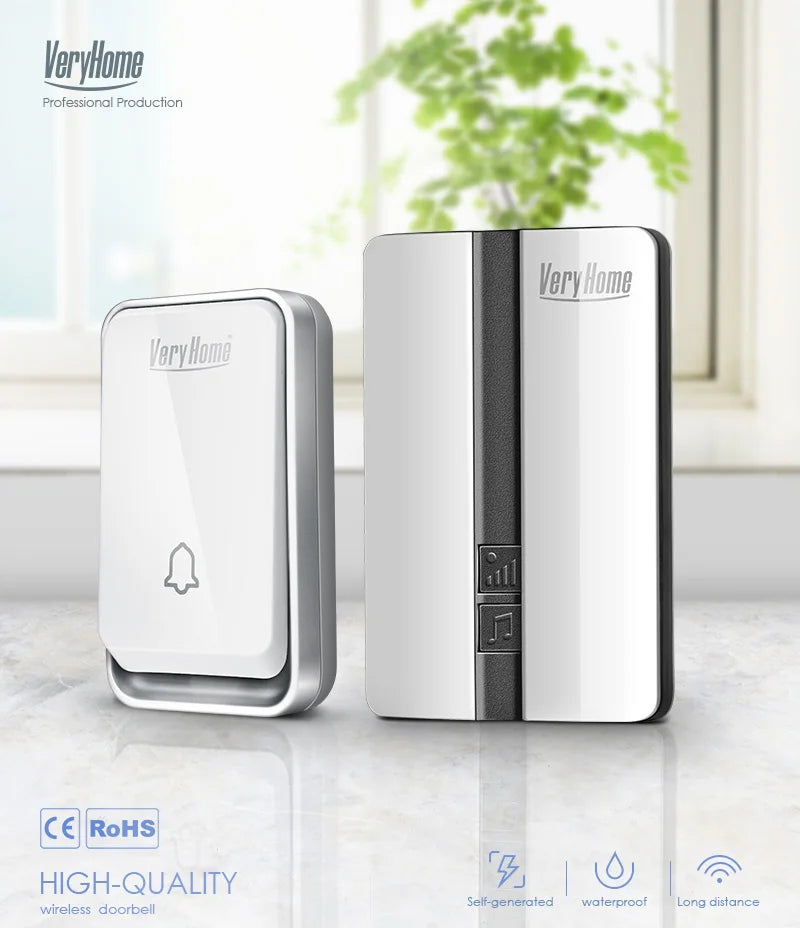 Wireless Doorbell Self-Powered No Battery Waterproof IP44 Wide Voltage 110-240V Global Plugs Long Range Remote Control CE