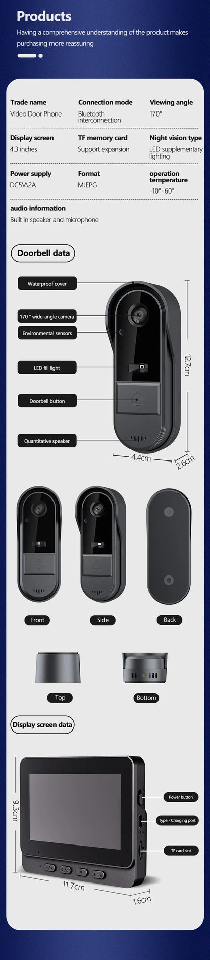 Wireless Wifi Doorbell Camera 1080P Video Intercom Doorbell Waterproof 4.3in IPS Screen Home Security Door Bell IR Night Vision
