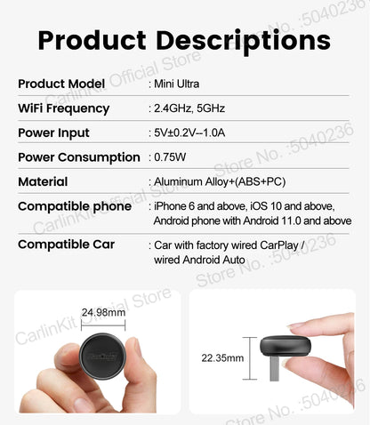 2026 CarlinKit 5.0 Mini Ultra 3 CarPlay Android Auto Wireless Adapter 2.4G&5.8GHz WiFi BLE OTA Upgrade For OEM Car Plug and Play