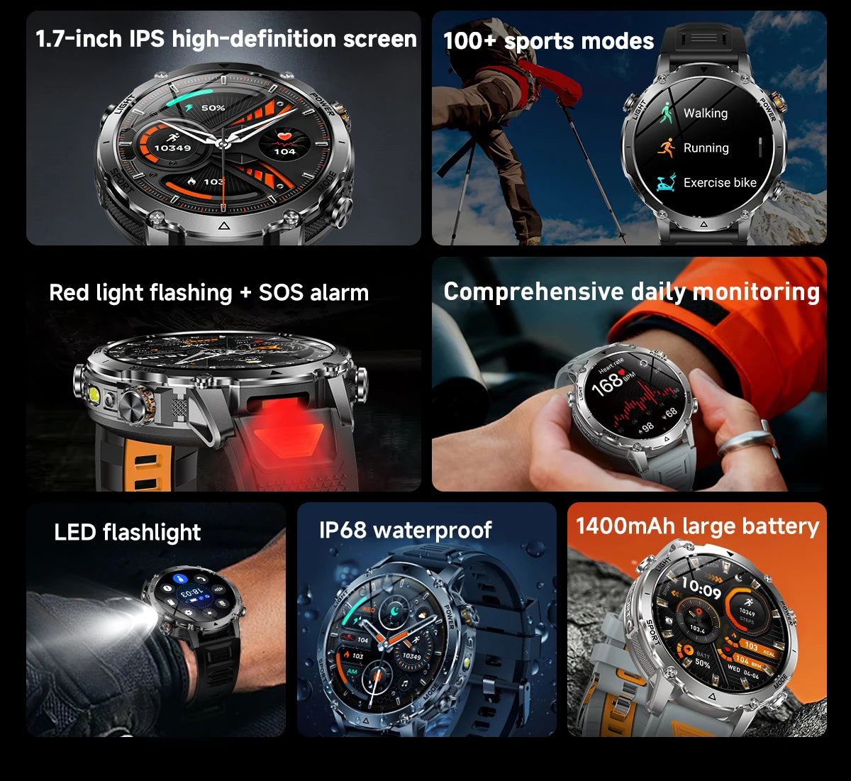 LIGE TANK Ultra 1400mAh Battery Military Smart Watch 10ATM Waterproof Heart Rate Flashlight Sports Bracelet Smartwatch Men Lady