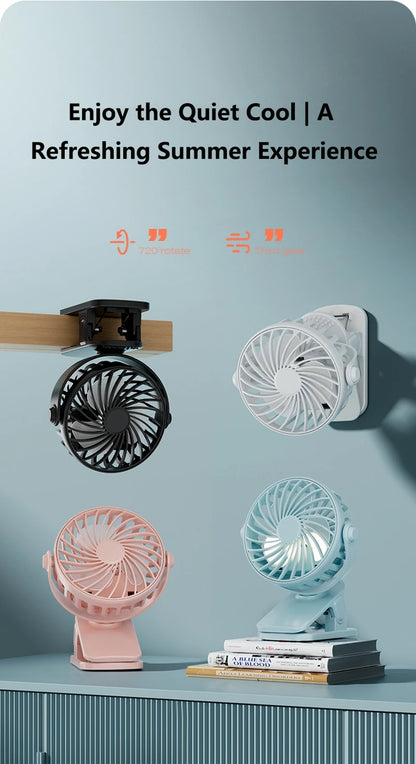 720°Rotatable Clip Fan Mini Cooler Fan Built In Night Lamp USB Rechargeable Personal Portable Fan For Outdoor Camping Ventilador