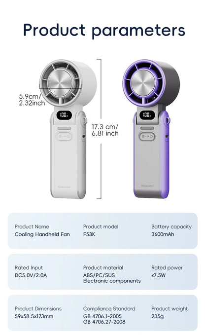KINSCOTER Outdoor Foldable Portable Handheld Fan Mini Cooling Rechargeable 3600mAh 100-level Free Control High Speed Turbo Fan