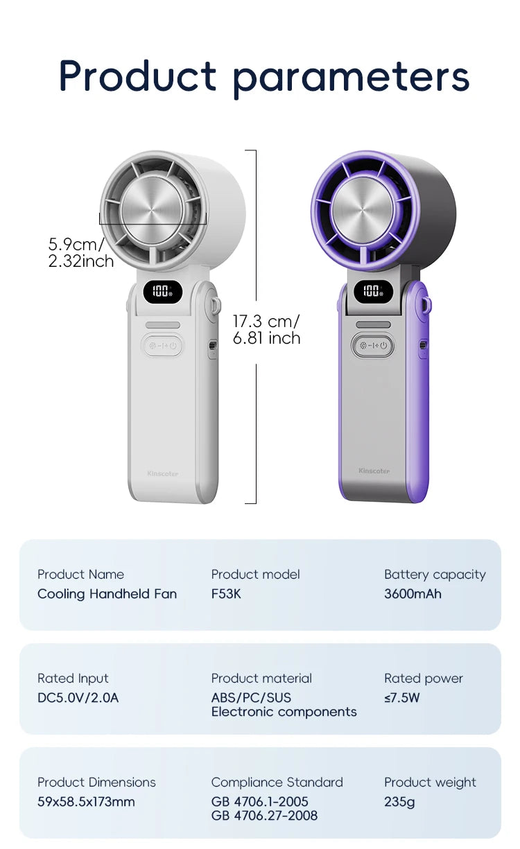 KINSCOTER Outdoor Foldable Portable Handheld Fan Mini Cooling Rechargeable 3600mAh 100-level Free Control High Speed Turbo Fan