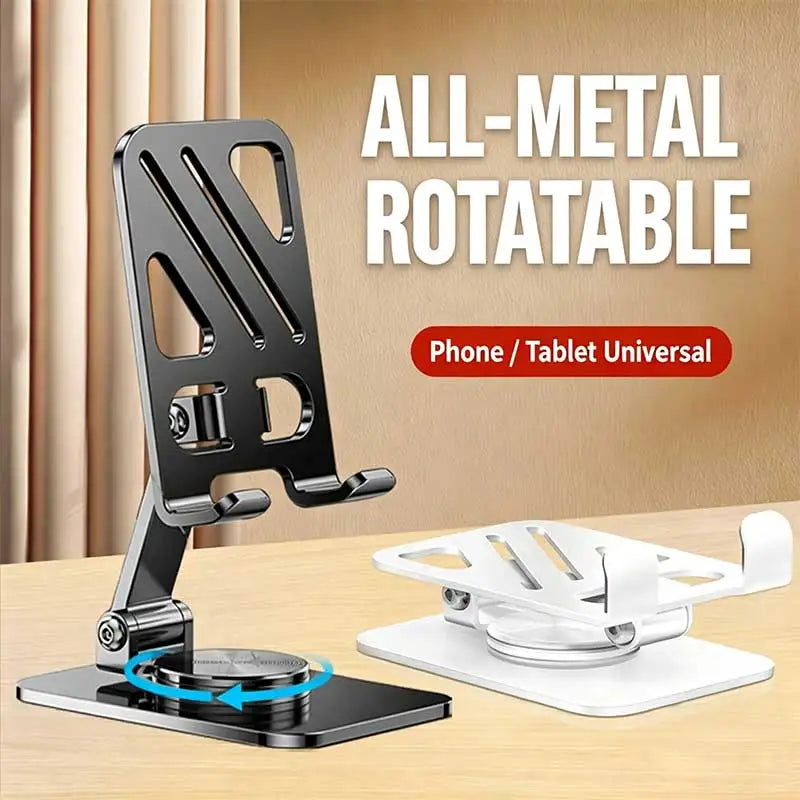 Mobile Phone Stand - Metal Desk Stand - 360° Rotating and Folding Desktop Stand for Easy Storage of Mobile Phones and Tablets