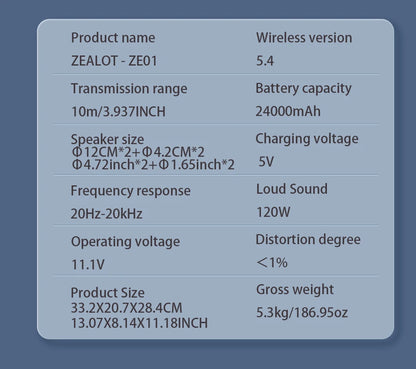 ZEALOT-ZE01 Wireless Bluetooth Speaker 120W TWS Subwoofer Bluetooth Speaker High Volume Waterproof Portable Power Bank HIFI Sound Quality Good-Looking Blue Speaker Long Battery Life