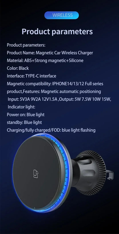 LED/RGB Magnetic Car Wireless Charger For iPhone 12 13 14 15 Pro Max Macsafe Car Phone Holder Stand Mount Fast Charging Station