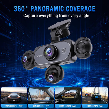 BCUOZ 360° Dashcam 5-Lens 1080P Front 720P Rear Left Right Car Cameras Super Night Vision G-Sensor WDR Loop Recording 12-24V Plug Power Supply Optional 64GB Memory Card
