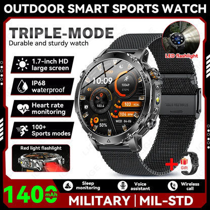 LIGE New 1400mAh Battery Smart Watch Men BT Call Waterproof Heart Rate Monitor Flashlight & SOS Red Light Sports Smartwatch Men