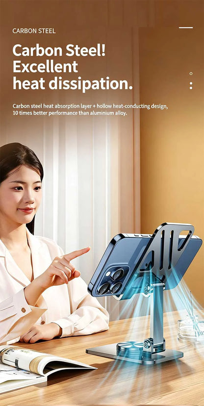 Mobile Phone Stand - Metal Desk Stand - 360° Rotating and Folding Desktop Stand for Easy Storage of Mobile Phones and Tablets