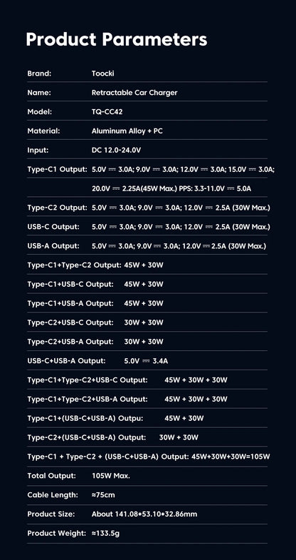 Toocki 105W Car Charger USB C Retractable Cable 0.75m PD 45W QC 3.0 SCP SFC2.0 PPS Fast Charging for iPhone 17 16 Samsung Tablet
