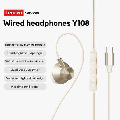 NEW Lenovo Y108 Wired Earphones Semi-In-Ear E-Sports Headphones 3.5mm Type-C Noise Reduction Stereo Music Earbuds 1.25M with Mic