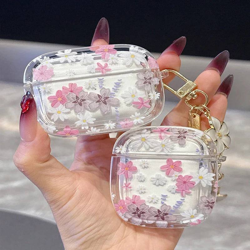 Pink Flowers Pattern Wireless Bluetooth Case for AirPods 4 3 1/2 AirPod Pro and Pro2 Case TPU  Headset Protective Cover with Hoo