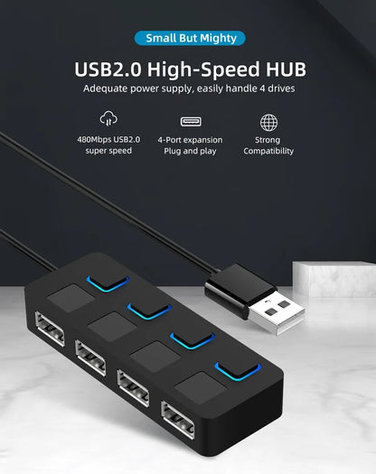 4 Ports USB 2.0 HUB Multi USB Splitter Expander Multiple USB 2.0 Hub Use Power Adapter USB2.0 Hub with Switch For PC Computer