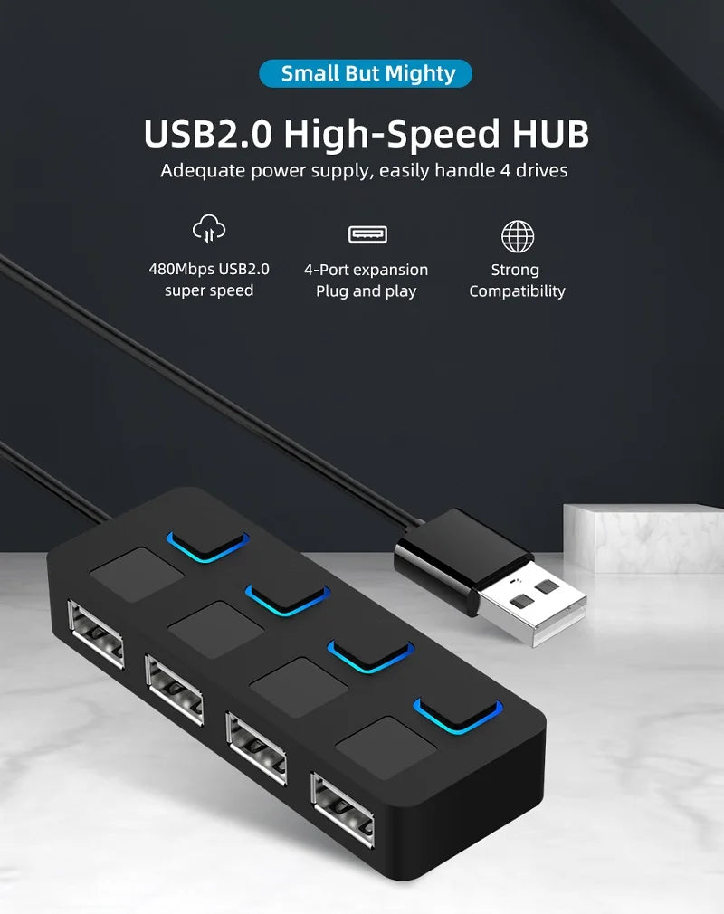 4 Ports USB 2.0 HUB Multi USB Splitter Expander Multiple USB 2.0 Hub Use Power Adapter USB2.0 Hub with Switch For PC Computer