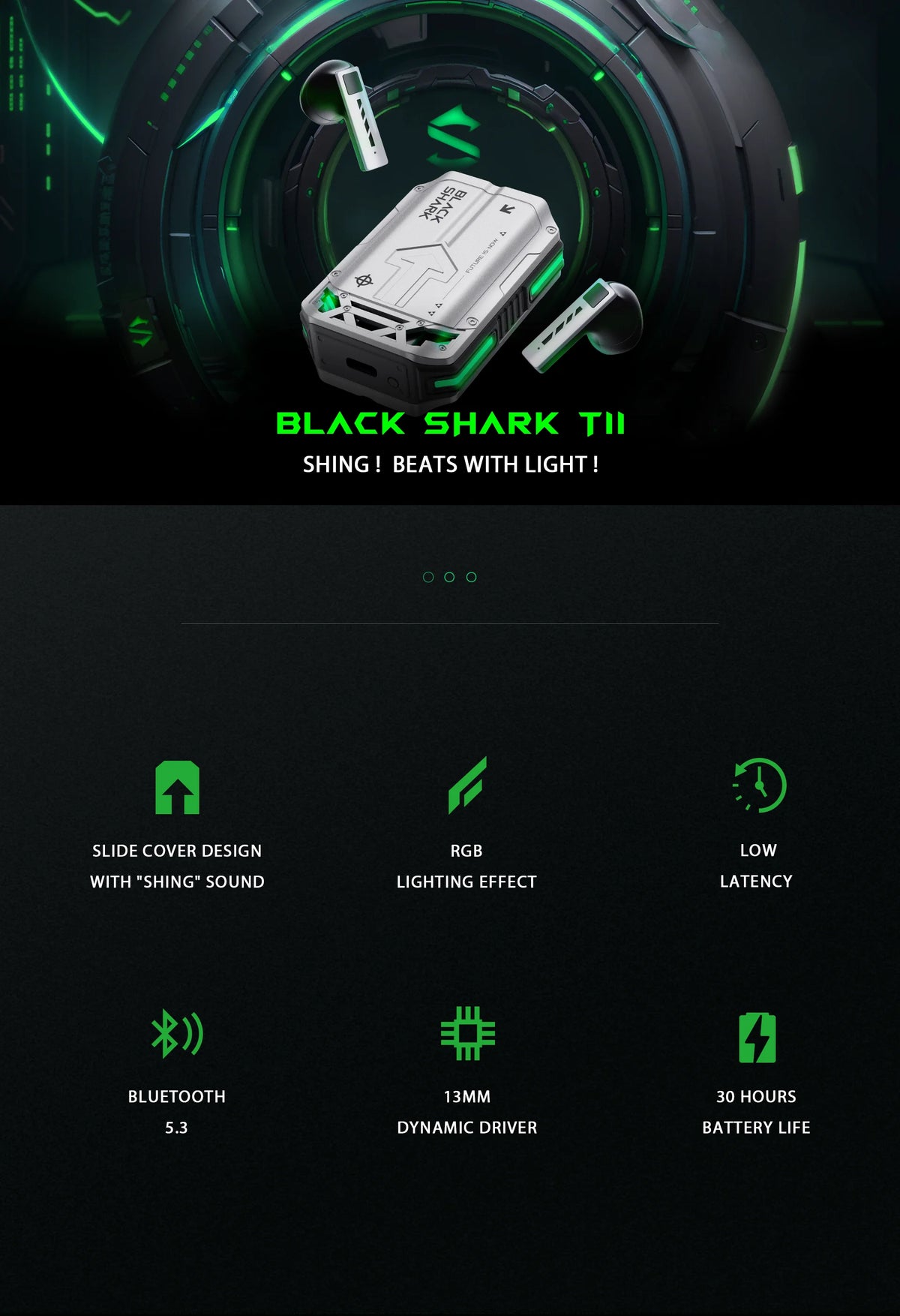 Black Shark T11 TWS Wireless Earbuds with Active Noise Cancellation, Bluetooth 5.3, 30 Hour Battery Life, RGB Light, Low Latency