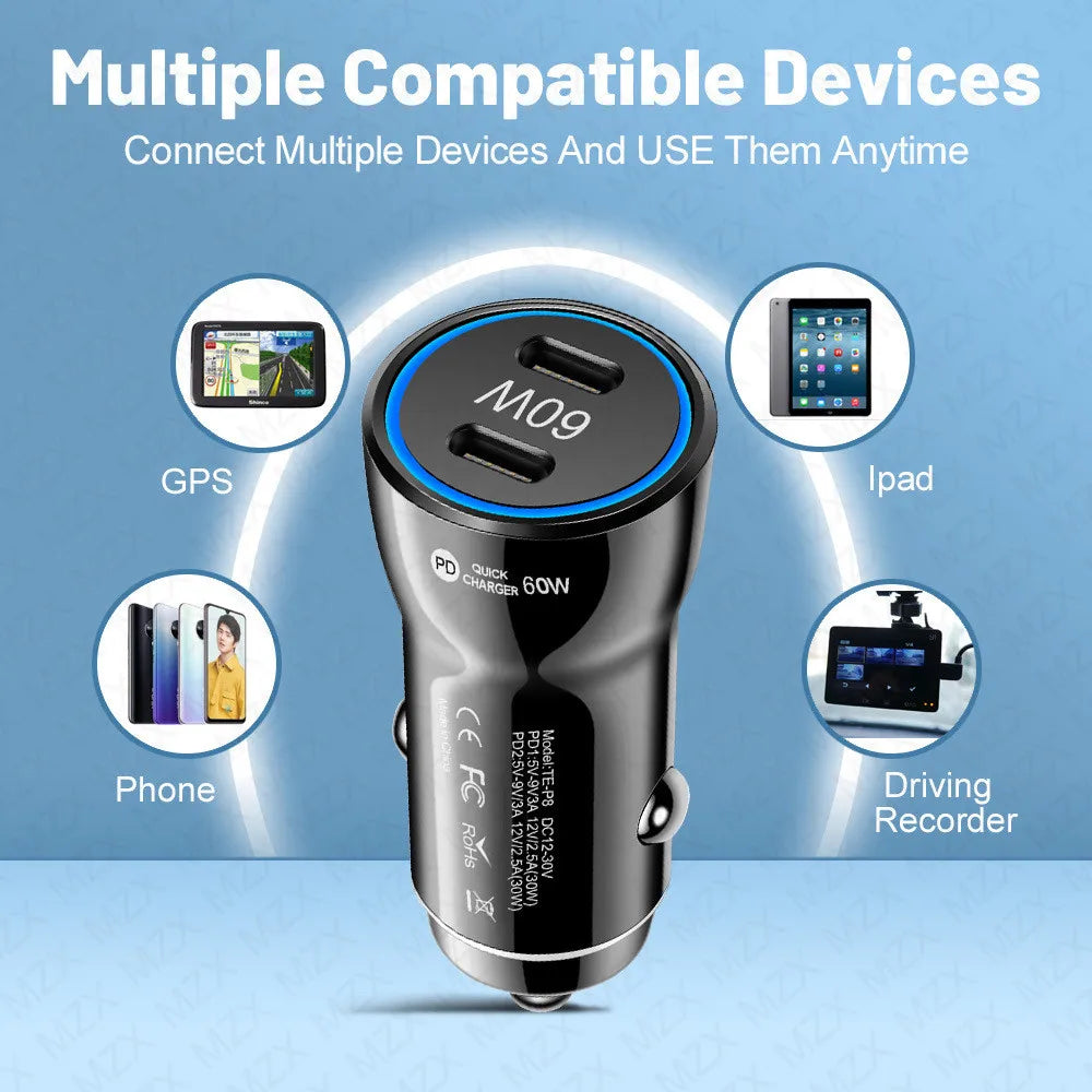 MZX 60W 48W 30W Duar Car Charger PD USB A Type C Smart Quick Charge 12V 24V Cigar Lighter Ultra QC 3.0 Charging for Cell Phone
