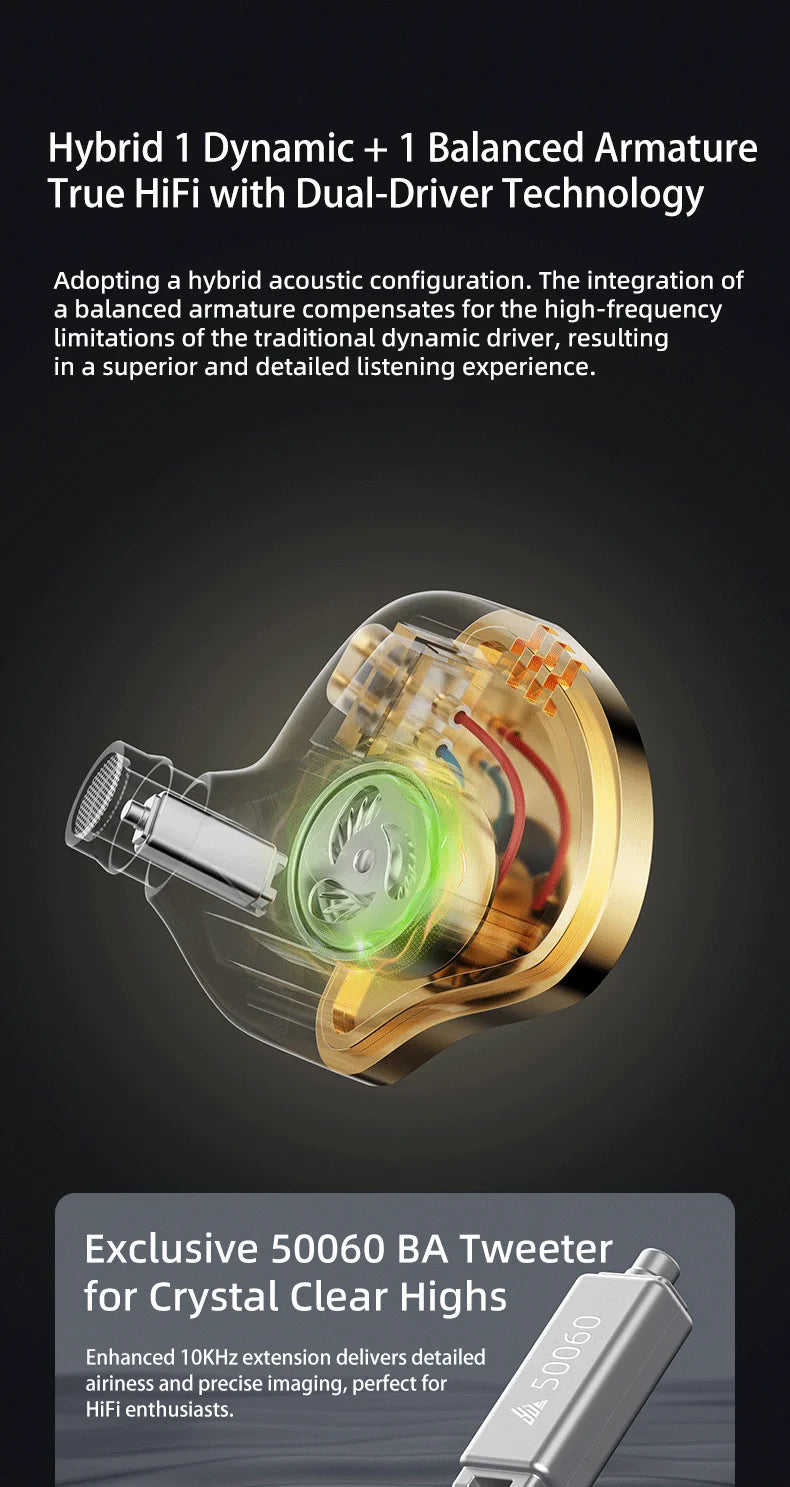 Wired Earphones for iPod, Hybrid 1DD 1BA HIFI In-Ear Headphones Deep Bass 3.5mm Detachable Cable Noise Isolation Headset