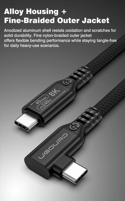 UGOURD Thunderbolt 4 Elbow USB4 Cable 40Gbps PD240W 8K@60Hz Type C to C 90 Degree Side Vertical Bend Braided Cable for SSD EGPU
