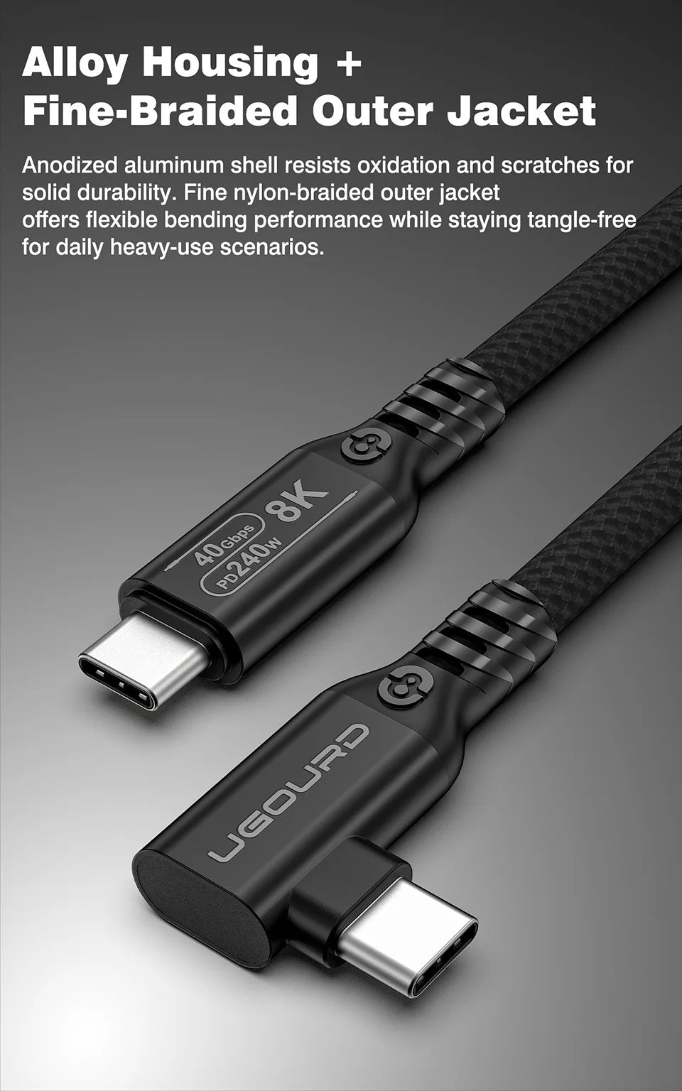 UGOURD Thunderbolt 4 Elbow USB4 Cable 40Gbps PD240W 8K@60Hz Type C to C 90 Degree Side Vertical Bend Braided Cable for SSD EGPU