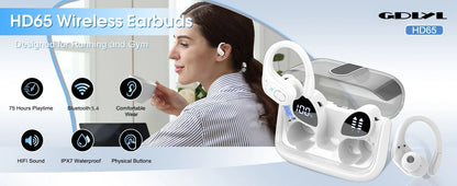 Wireless Earbuds Sport Bluetooth 5.4 Headphones with Noise Cancelling Mic 75Hrs HiFi Stereo Over Ear Bud LED Display USB-C IPX7