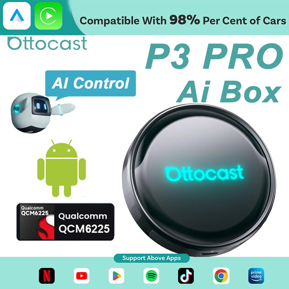 OTTOCAST P3 Pro Ai Box Wireless Carplay Android Auto Aadapter Ai Voice QCM 6225 Video Box for Benz Audi Kia Hyundai VW Toyota