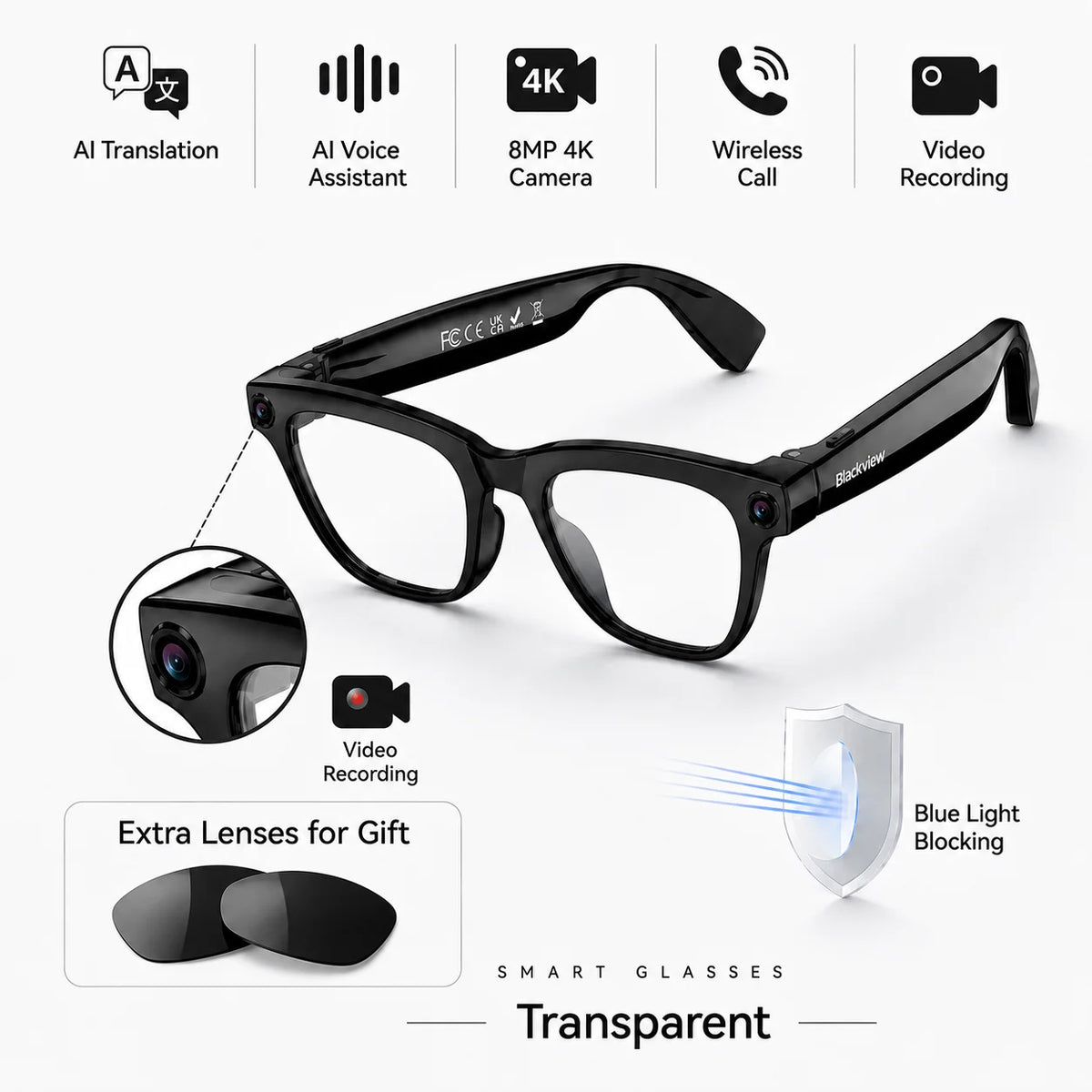 Blackview BV300 4K AI Glasses Color-Changing Smart Translation Glasses Photo Video Recording Waterproof Call Smart Sunglasses