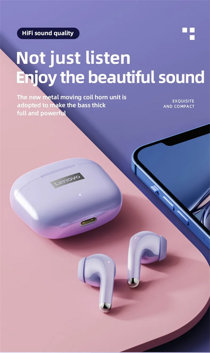 Lenovo LP40 Pro Wireless Earbuds Bluetooth 5.1 25H Playtime USB-C Fast Charge Deep Bass Touch Control IPX5 Sport Headphones