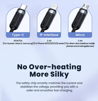 Toocki 3 in 1 USB C Cable 6A Fast Charge for Huawei Honor Micro USB Lightning Charger Cord for iPhone 14 Samsung Xiaomi Oneplus