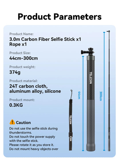 TELESIN 1.2M 3M Carbon Fiber Selfie Stick Monopod Extendable With 1/4 Screw For GoPro Insta360 Osmo Action DJI Action Camera