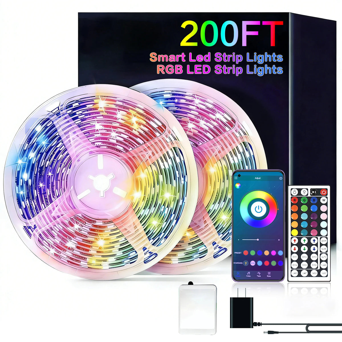 200FT RGB LED Strips Light, with 44-key Remote Control and App Control, Color-hanging LED Strips Set, RGB Music Synchronous Lighting, Suitable for Rooms, Home Decoration