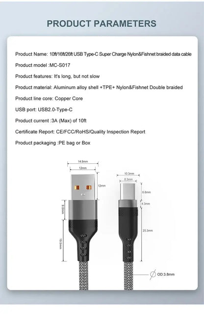 USB A to Type C Charging Extended Cable 6A Fast Charger Nylon Data Cable 1/3/5/8m For iPhone Samsung Type USB C Charging Device