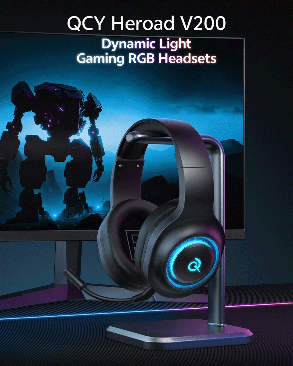 QCY Heroad V200 Gaming Over Ear Headphone Wireless Bluetooth 6.0 with Mic 50mm Driver 7.1 Surround Sound Dynamic EQ RGB Headset