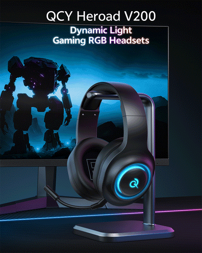 QCY Heroad V200 Gaming Headset Bluetooth 6.0 with Mic 50mm Driver 7.1 Surround Sound RGB Over Ear Headphones for PC Laptop PS4/5