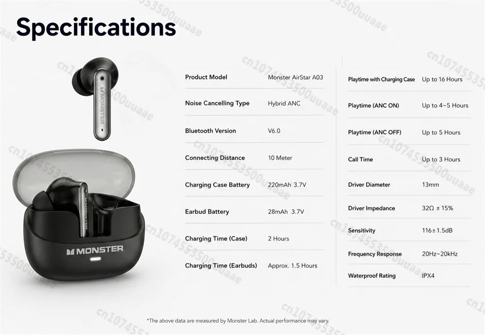 Monster Airstar A03 ANC Bluetooth 6.0 Earbuds Punchy Deep Bass Sports Headphones Active Noise Cancellation TWS Wireless Earphone