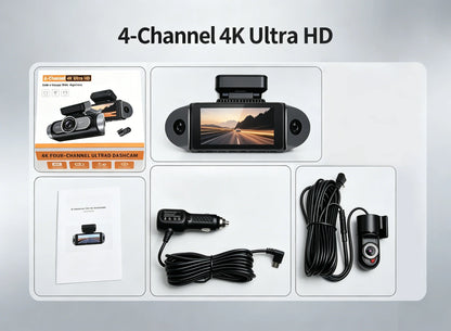 4K 4-CHs Dash Cam WiFi GPS, Front Rear Left Right Car Video Recorder, 24H Parking Monitoring Night Vision Dashcam Supercapacitor