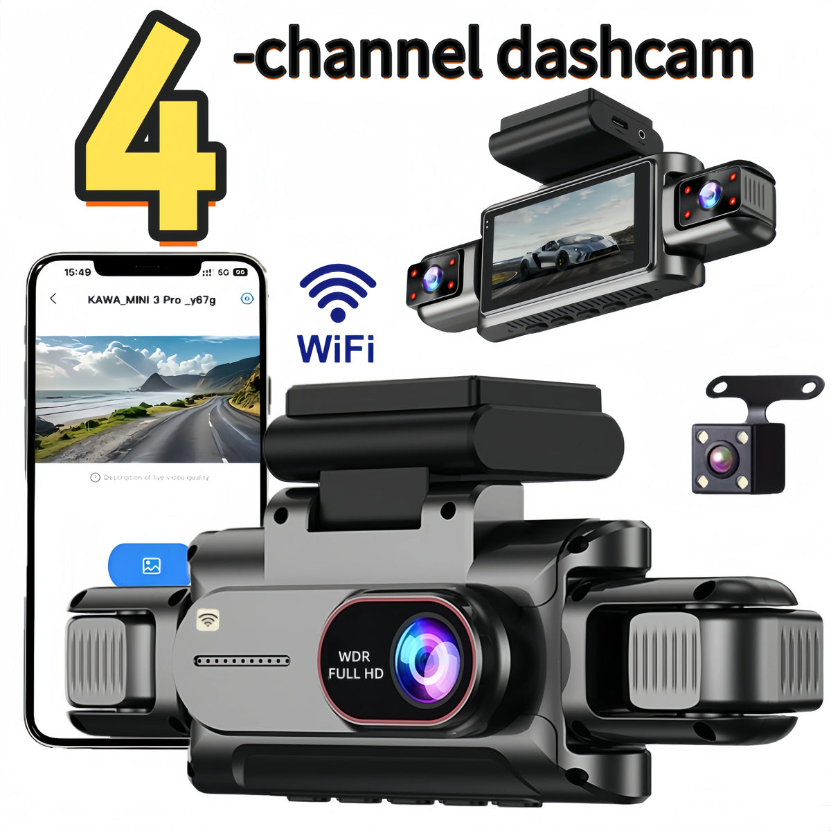 3-4 Channel WiFi Dash Cam, 1080P Full HD, APP WiFi Control, 3.5" Screen, HD Night Vision, 24H Parking Surveillance