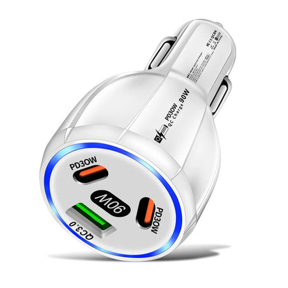 90W 3 Port Car Charger Super Fast Charger QC3.0 PD30W PPS High-Power Cigarette Lighter Fast Charger for iPhone/Huawei/Samsung