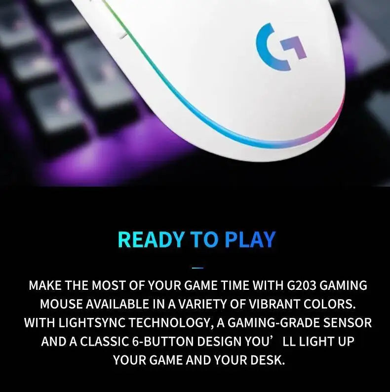Logitech G203 Prodigy Wired Gaming Mouse 8000 DPI RGB Lighting 6 Buttons On-Board Memory 2.1m Cable Windows ChromeOS