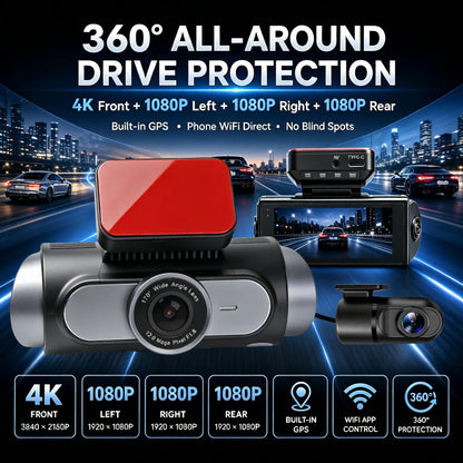 4K 4-CHs Dash Cam WiFi GPS, Front Rear Left Right Car Video Recorder, 24H Parking Monitoring Night Vision Dashcam Supercapacitor