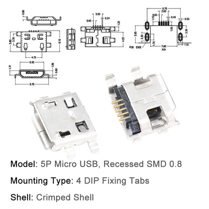 10PCS Micro USB Android Female Charging Socket, Flat Edge Crimped Type, 5Pin, 4 Mounting Pins, SMD & DIP Tail Connector
