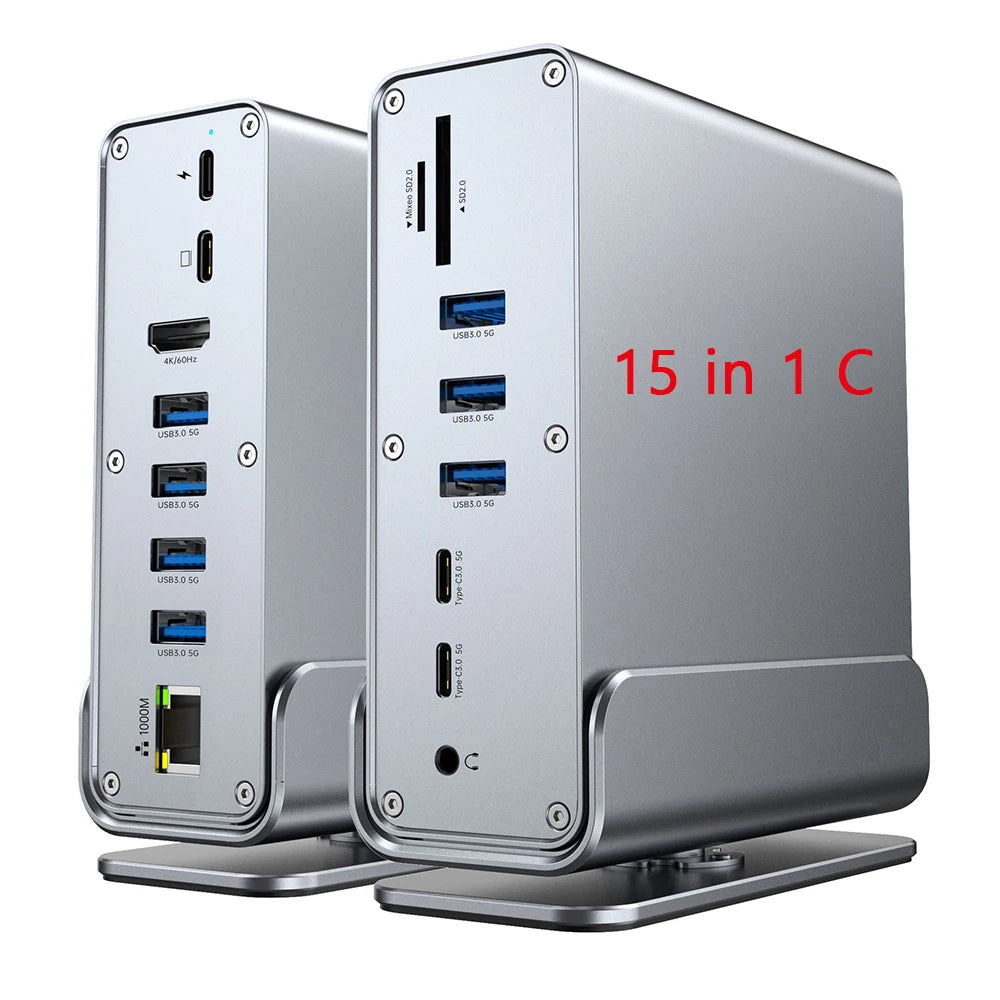 15-in-1 USB C Hub Triple Monitor 4K@60Hz DP Hub with 10Gbps USB3.2 RJ45 Gigabit PD 100W SD/TF & 3.5mm Audio for Laptops