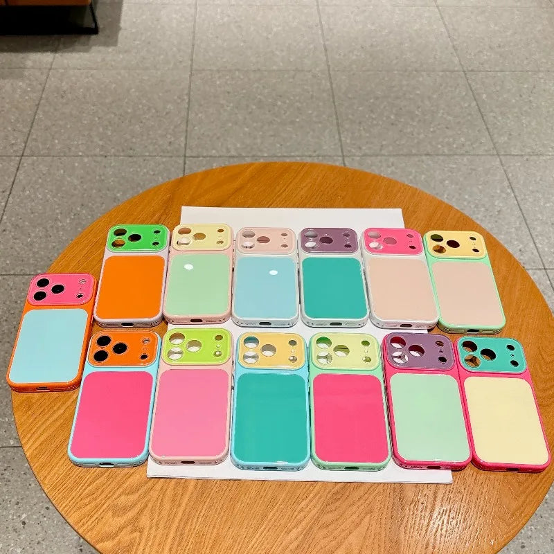Fashion Dopamine Color-Block Phone Case for IPhone 18 Pro Max 17 16 15 14 Pro Max Candy-Color Glass Back Shockproof Phone Case